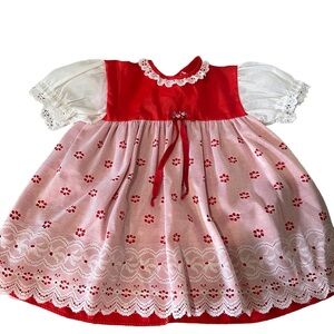 Vintage Jolene Red White Lace Ribbon Ruffles Baby Dress Size 18‎ Months Buttons